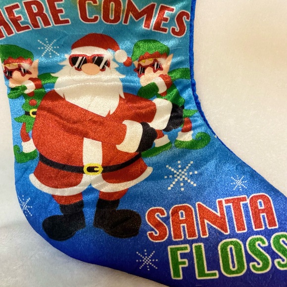 Christmas Stocking Here Comes Santa Floss Holiday Time 20"  Blue Padded New - Picture 4 of 5